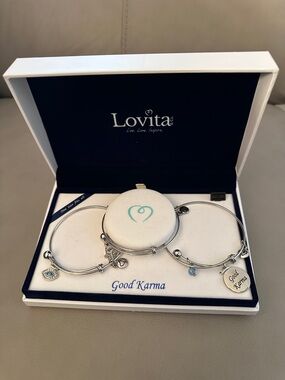 Lovita Good Karma Silver Charm Bangle Set with Blue Accents